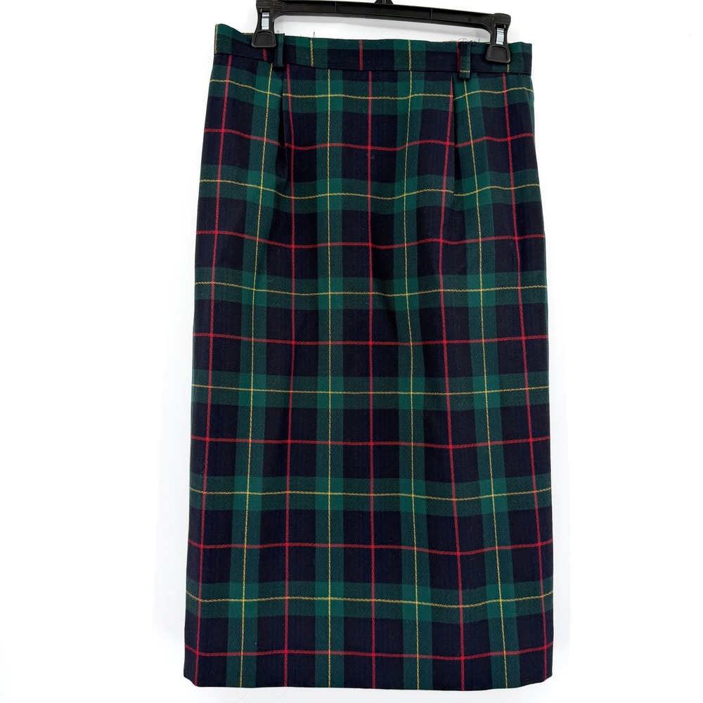 100% Pure Wool Vintage Tartan Plaid Pencil Skirt Green Navy Size 10 Made USA